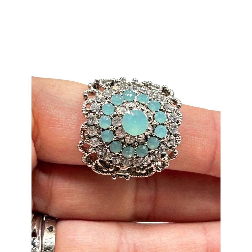 Blue Opalescent Rhinestones Ring Adjustable Silver Tone Wide Statement Jewelry